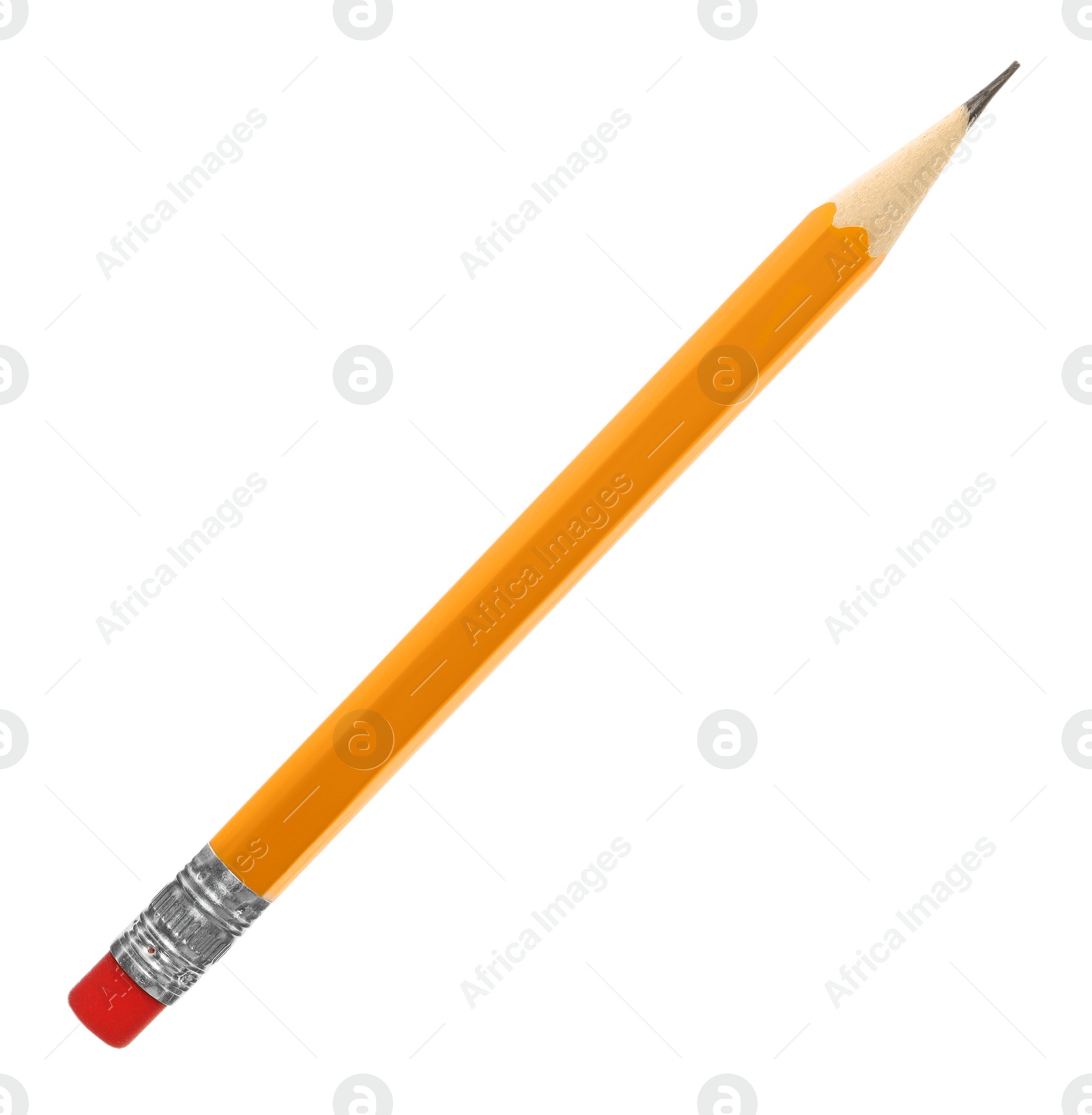 Photo of Short graphite pencil with eraser isolated on white. School stationery