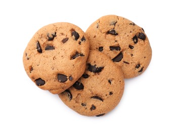 Delicious chocolate chip cookies isolated on white, top view