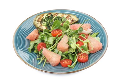 Photo of Delicious pomelo salad with grilled avocado on white background