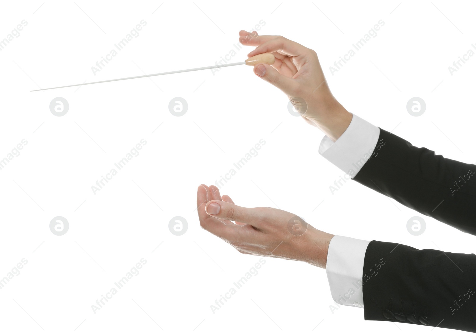 Photo of Professional conductor with baton on white background, closeup