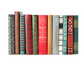 Photo of Stack of hardcover books on white background