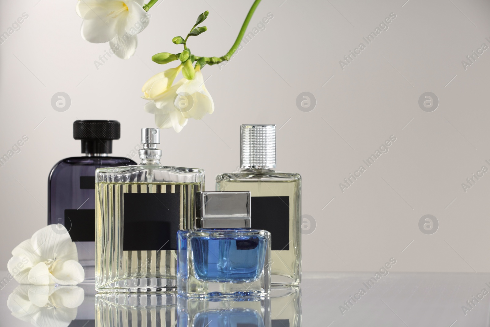 Photo of Luxury perfumes and freesia flowers on mirror surface against light grey background, space for text. Floral fragrance