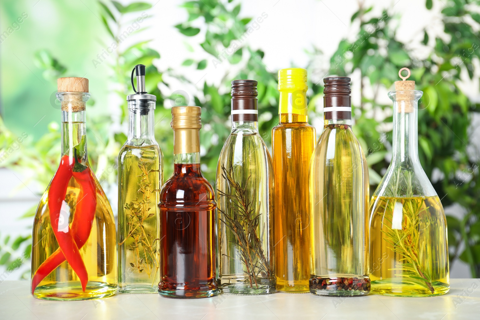 Photo of Different sorts of cooking oil in bottles on light table