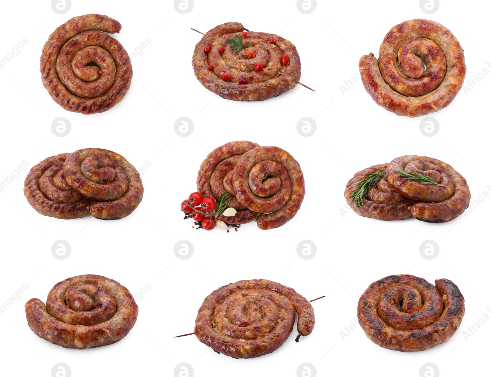 Image of Tasty homemade sausages isolated on white, set