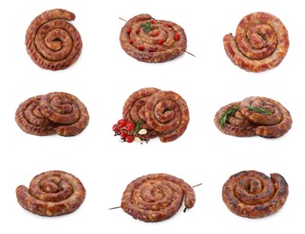 Image of Tasty homemade sausages isolated on white, set