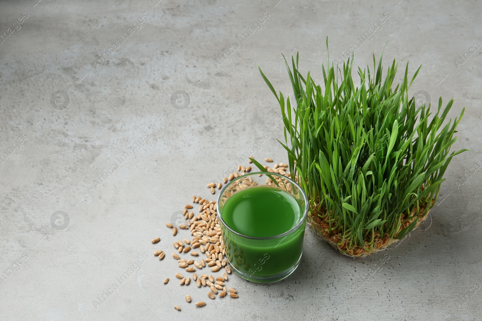 Glass of juice, sprouted wheat grass and grains on grey stone background. Space for text Photo of Glass of juice, sprouted wheat grass and grains on grey stone background. Space for text