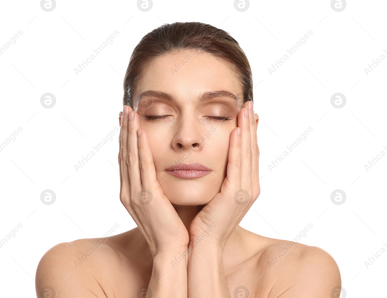 Photo of Woman massaging her face on white background