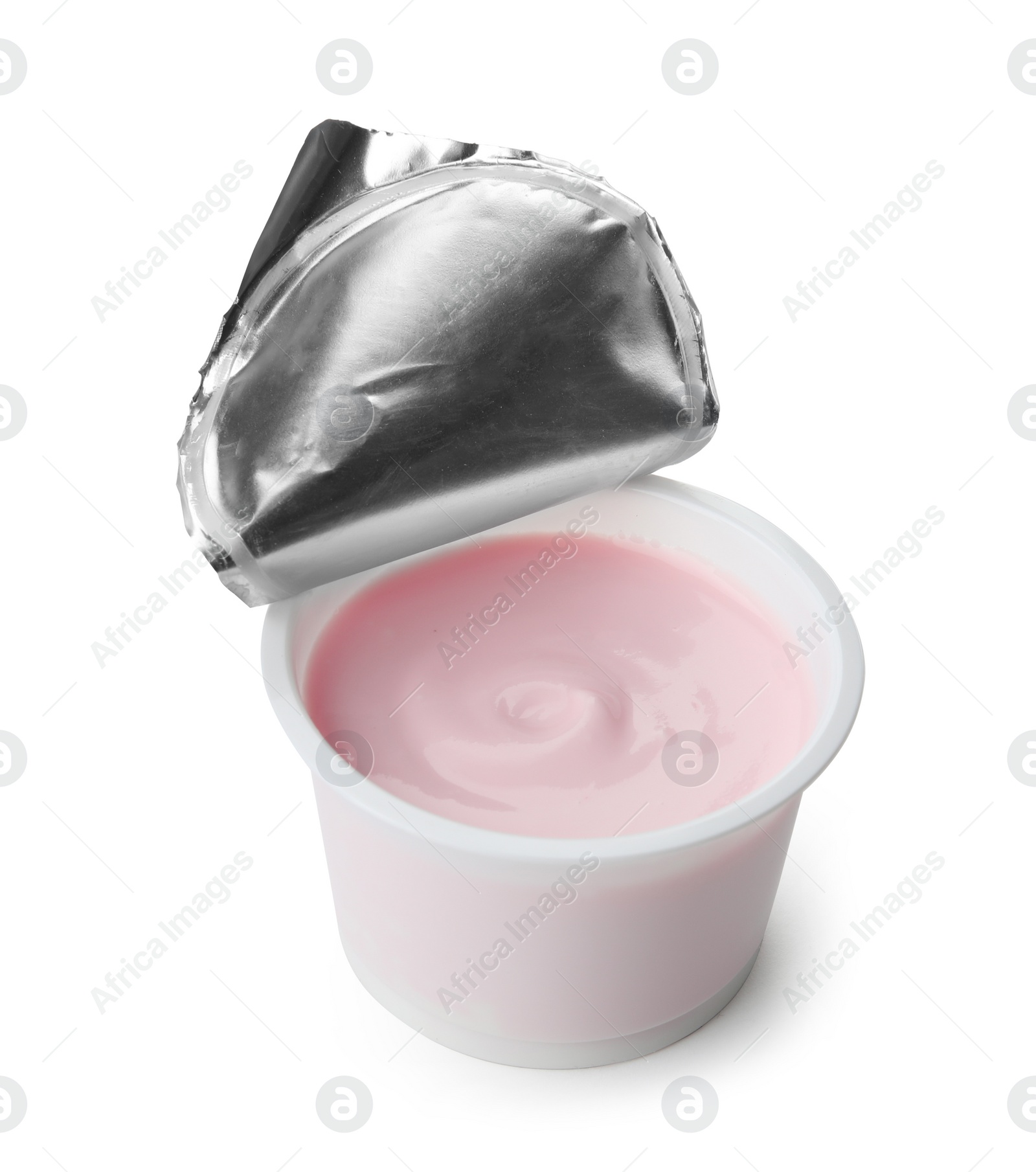 Photo of Plastic cup with creamy yogurt on white background