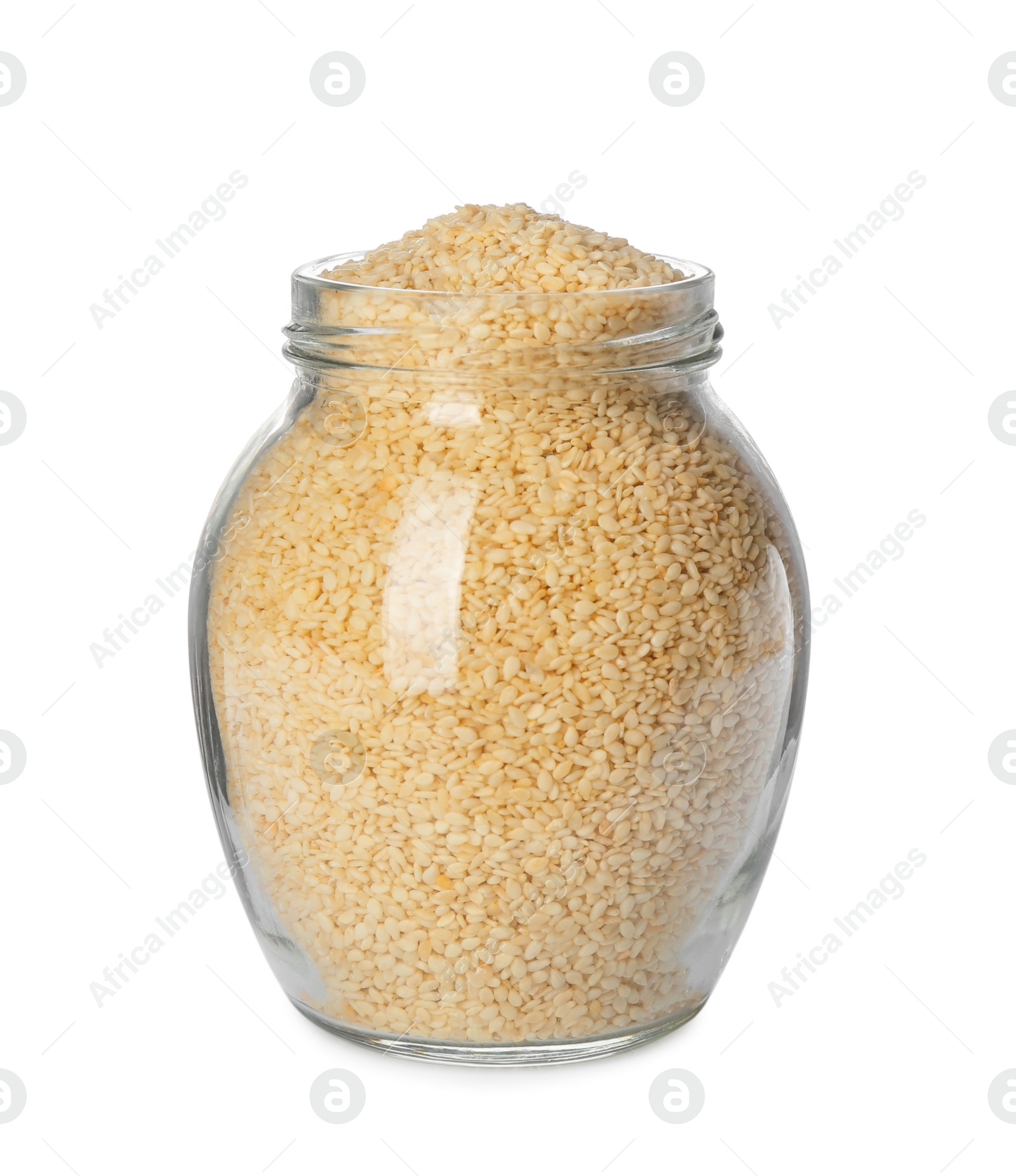 Photo of Glass jar with sesame seeds on white background