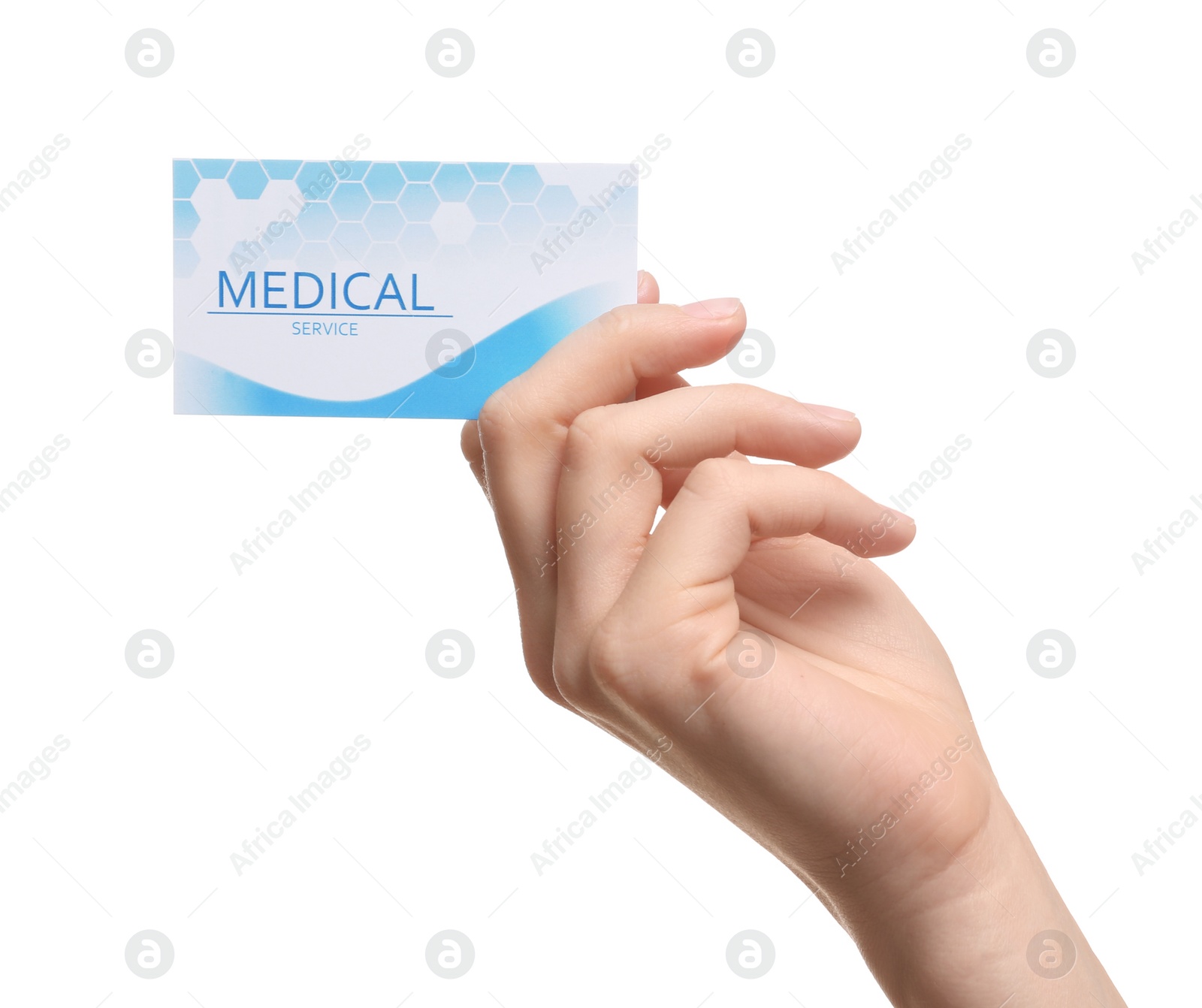 Photo of Woman holding business card isolated on white, closeup. Medical service