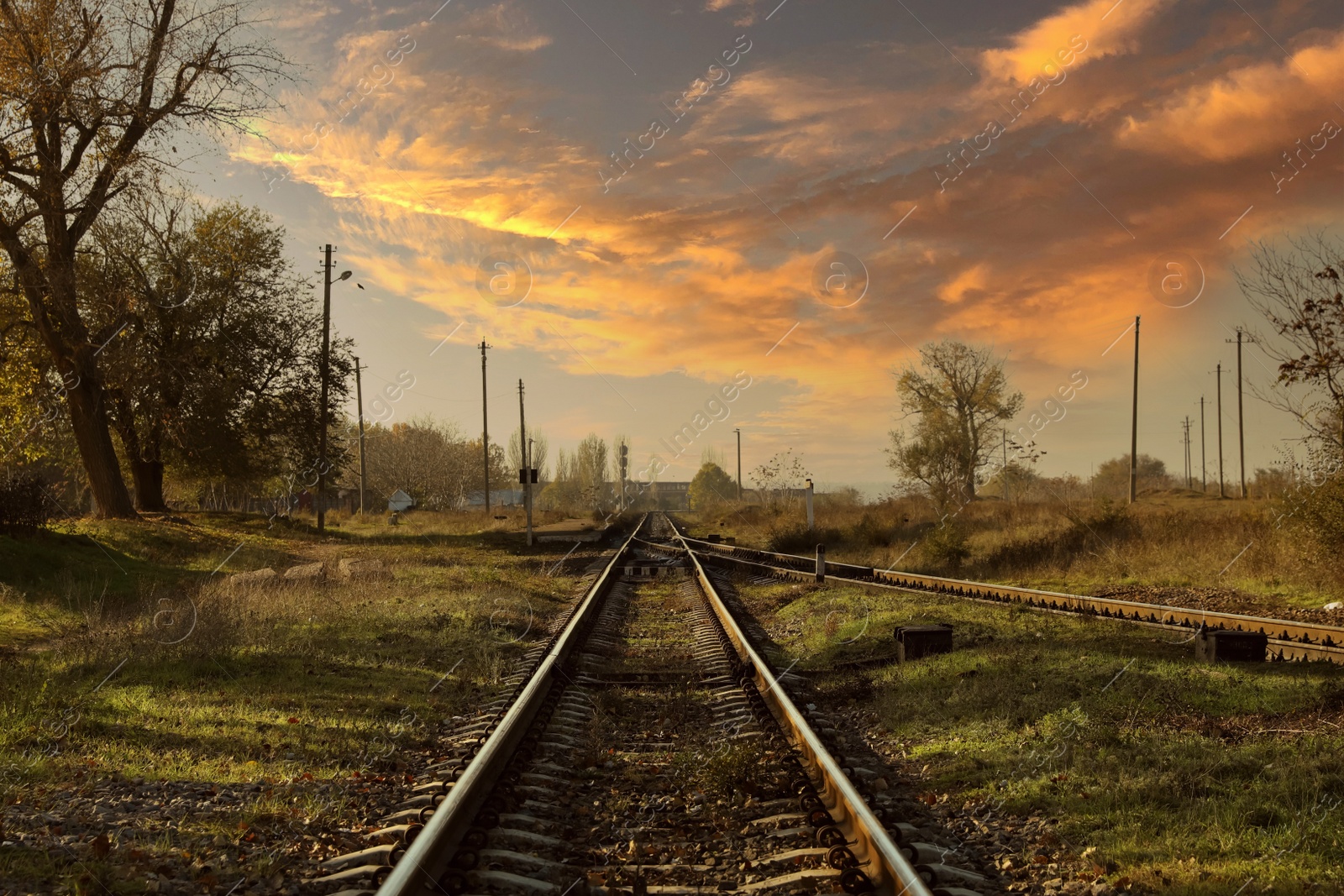 Photo of Railway line in countryside on sunny day. Train journey