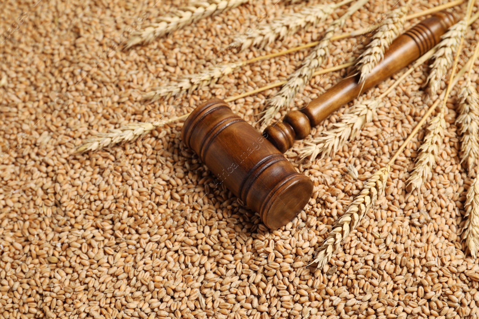 Photo of Wooden gavel and wheat ears on grains. Agricultural deal