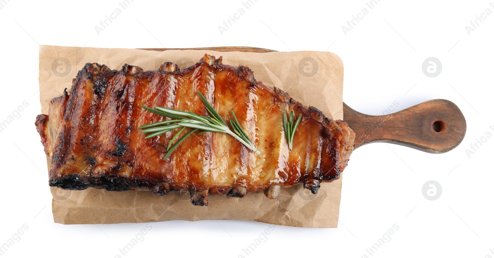 Photo of Tasty grilled ribs with rosemary isolated on white, top view