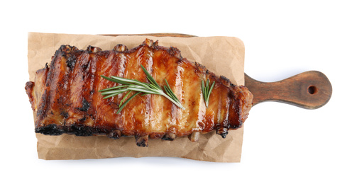 Tasty grilled ribs with rosemary isolated on white, top view