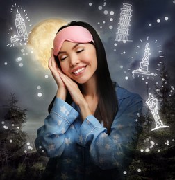Image of Beautiful Asian woman dreaming about travelling while sleeping, night starry sky with full moon on background 