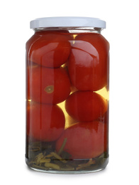 Photo of Glass jar with pickled tomatoes isolated on white