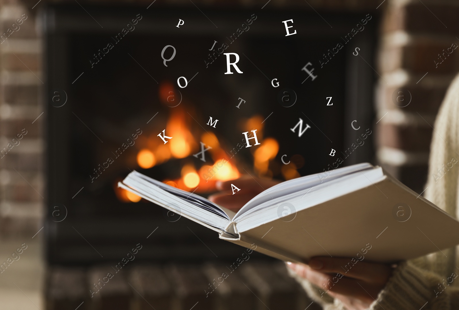 Image of Woman reading book with letters flying over it near fireplace at home, closeup