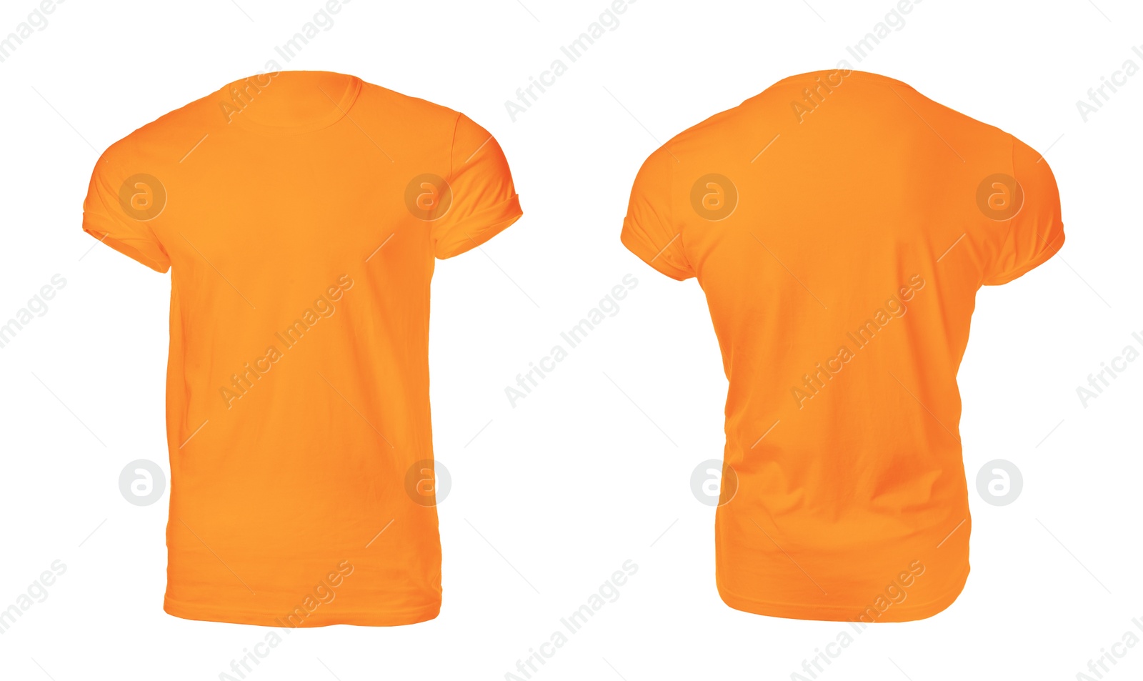 Image of Stylish orange t-shirts on white background, collage. Space for design