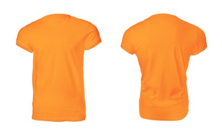 Image of Stylish orange t-shirts on white background, collage. Space for design