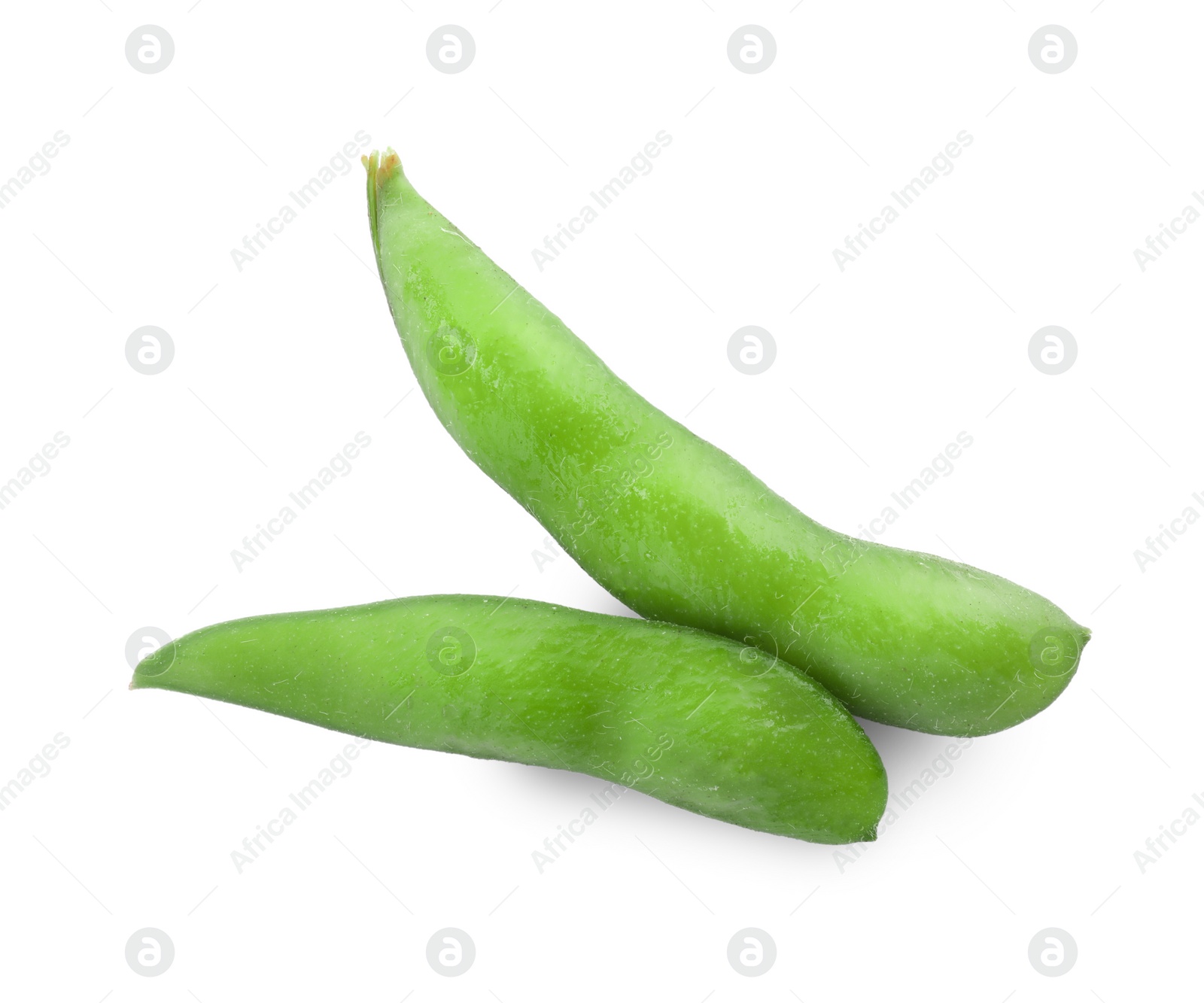 Photo of Raw green edamame pods on white background