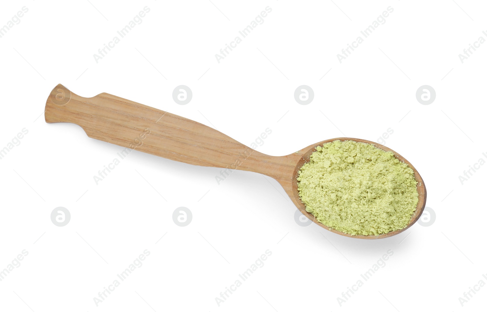 Photo of Wooden spoon of celery powder isolated on white, top view