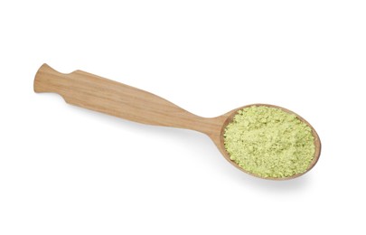 Photo of Wooden spoon of celery powder isolated on white, top view