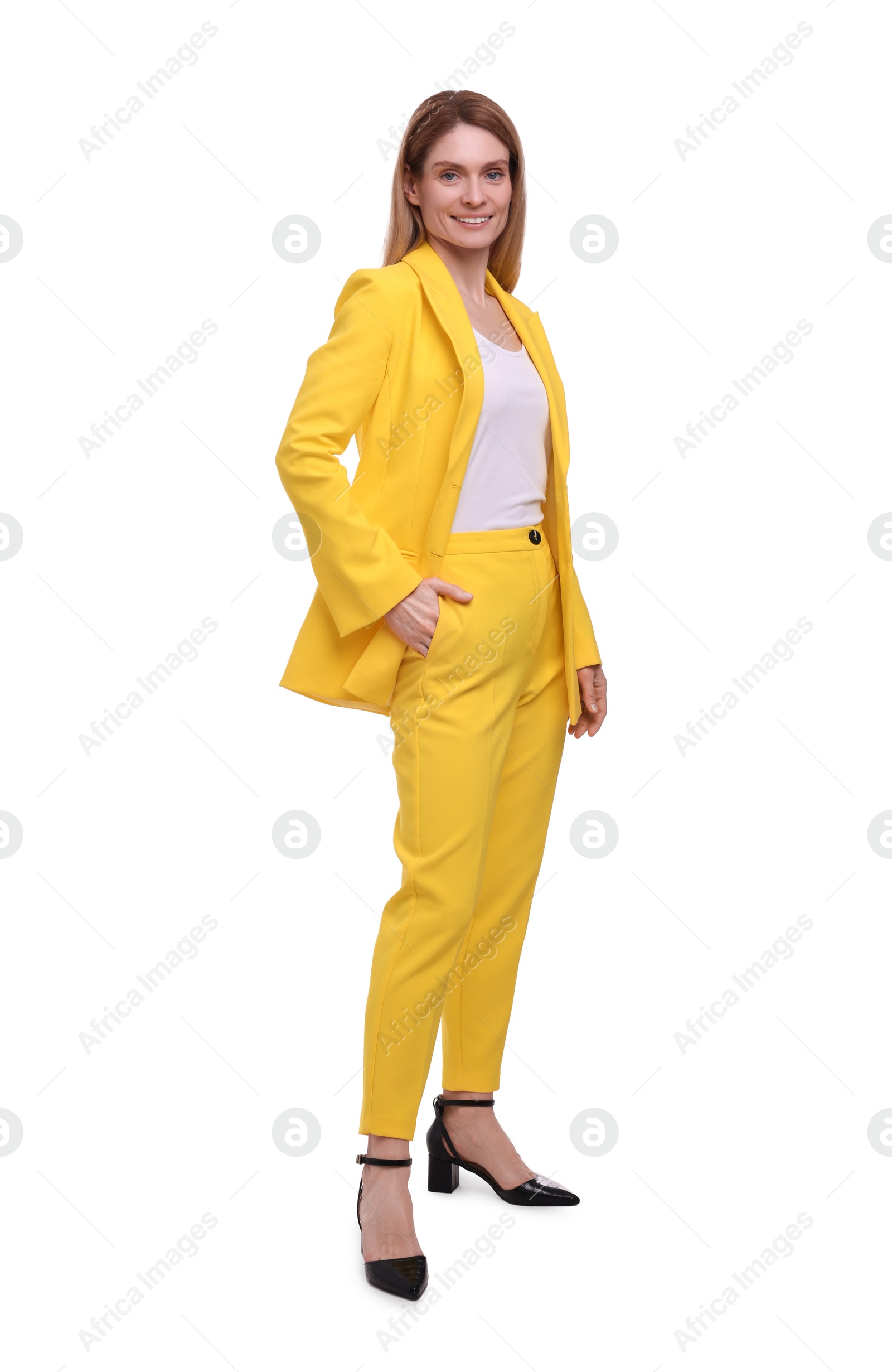 Photo of Beautiful happy businesswoman posing on white background