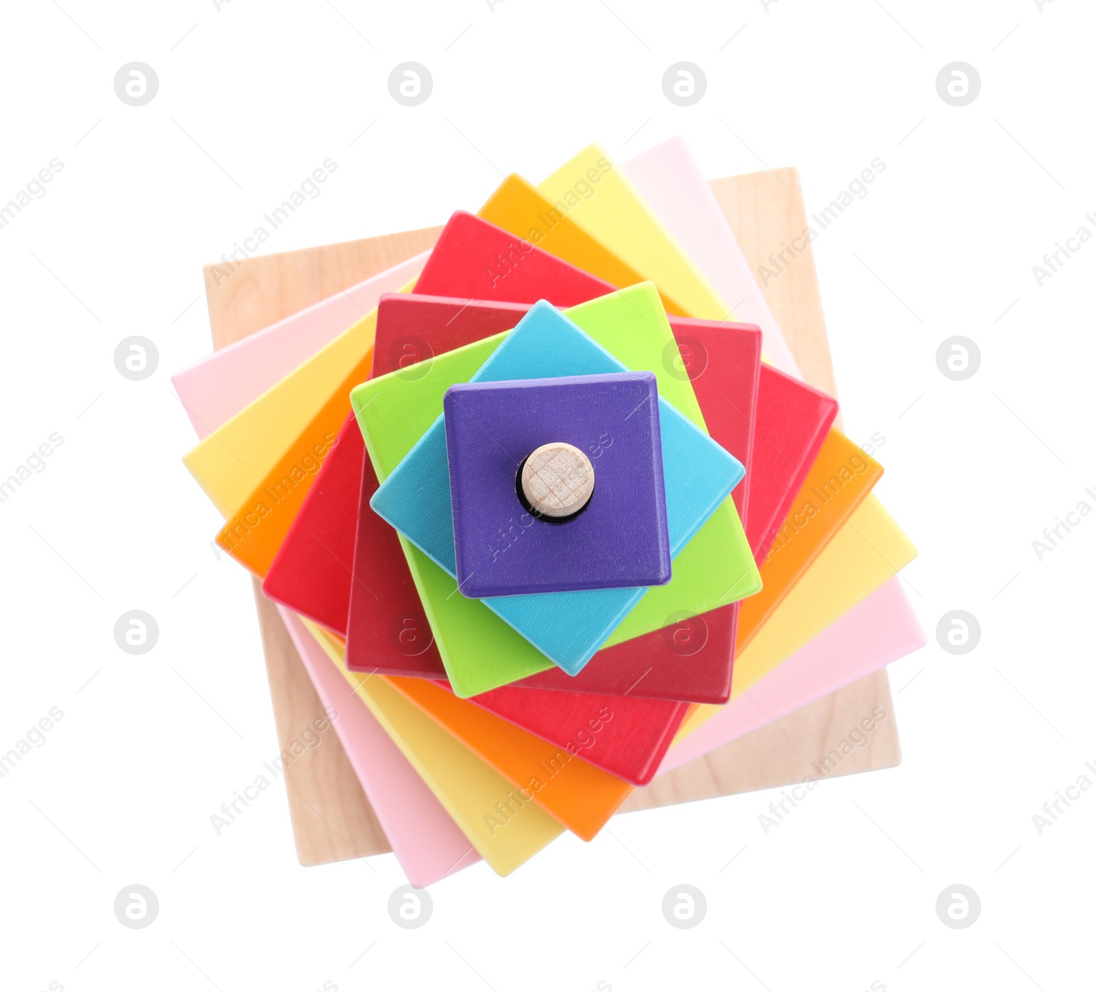 Photo of Colorful wooden pyramid isolated on white, top view. Child's toy