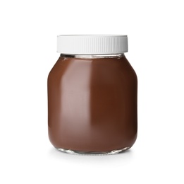 Glass jar with tasty chocolate cream isolated on white