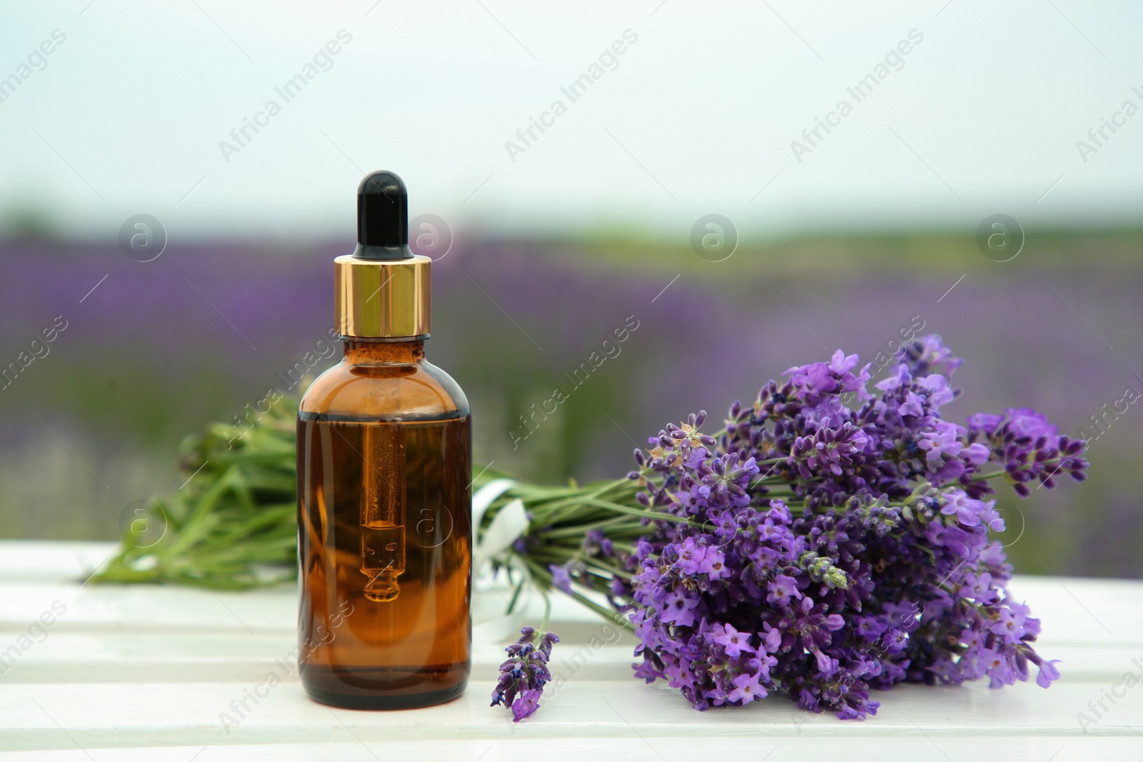 Photo of Bottle of essential oil and lavender flowers on white wooden table in field