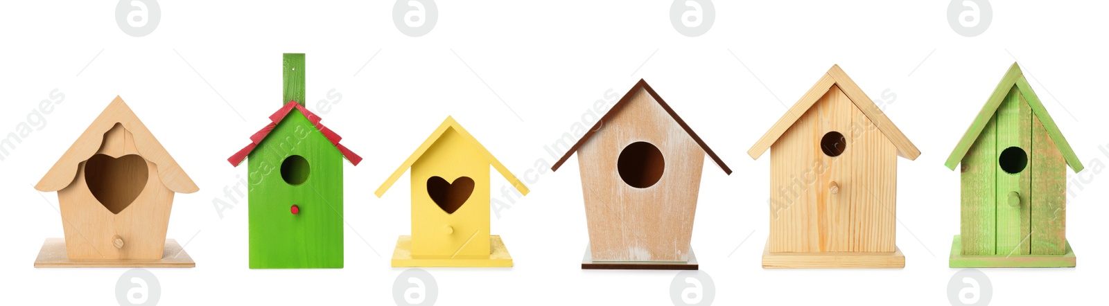 Image of Set with different beautiful bird houses on white background, banner design