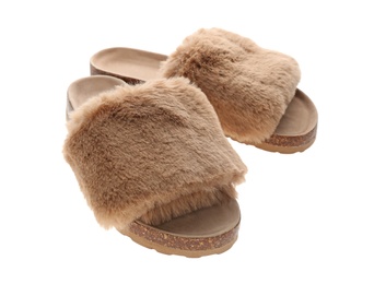 Photo of Pair of open toe slippers with brown fur on white background