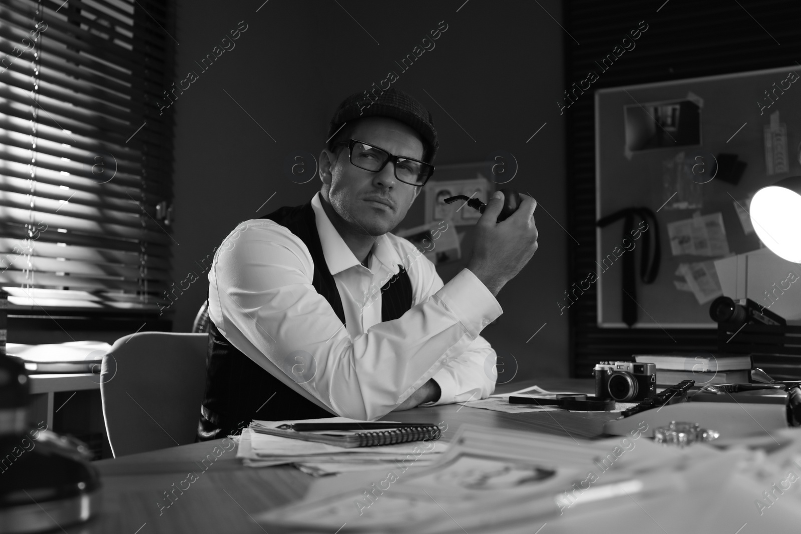 Photo of Old fashioned detective with smoking pipe at table in office. Black and white effect