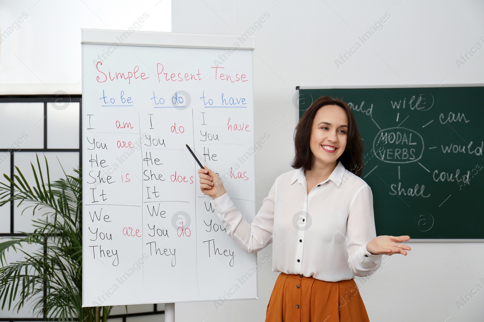 Photo of English teacher giving lesson on simple present tense near whiteboard in classroom