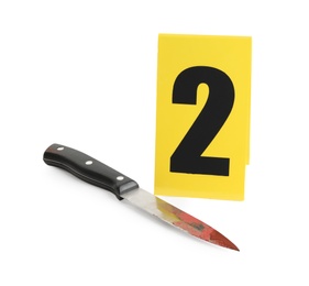 Photo of Bloody knife and crime scene marker with number two isolated on white