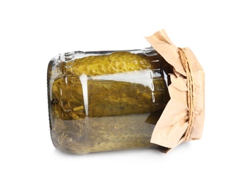Photo of Jar with pickled cucumbers on white background