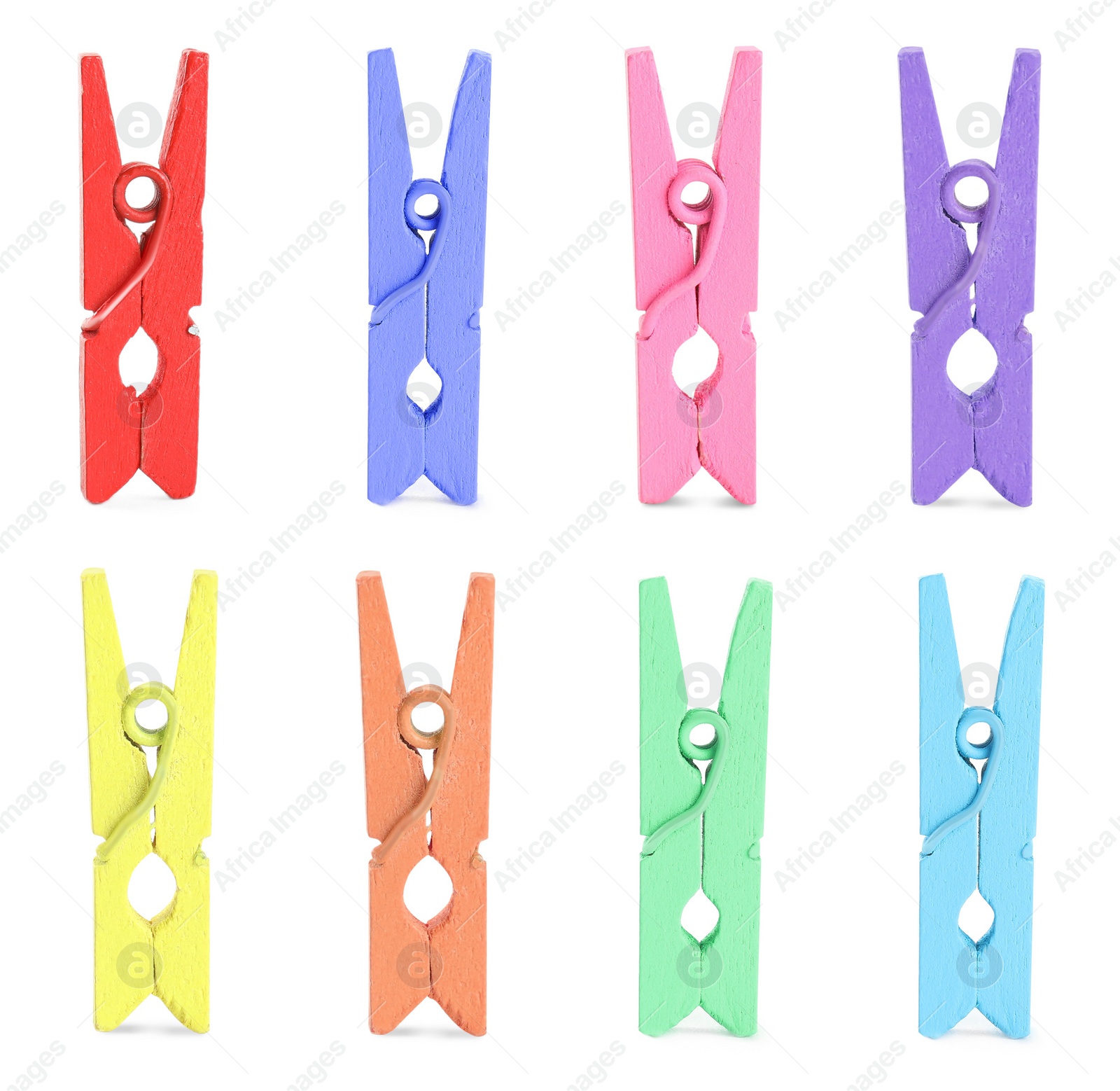 Image of Set with bright wooden clothespins on white background