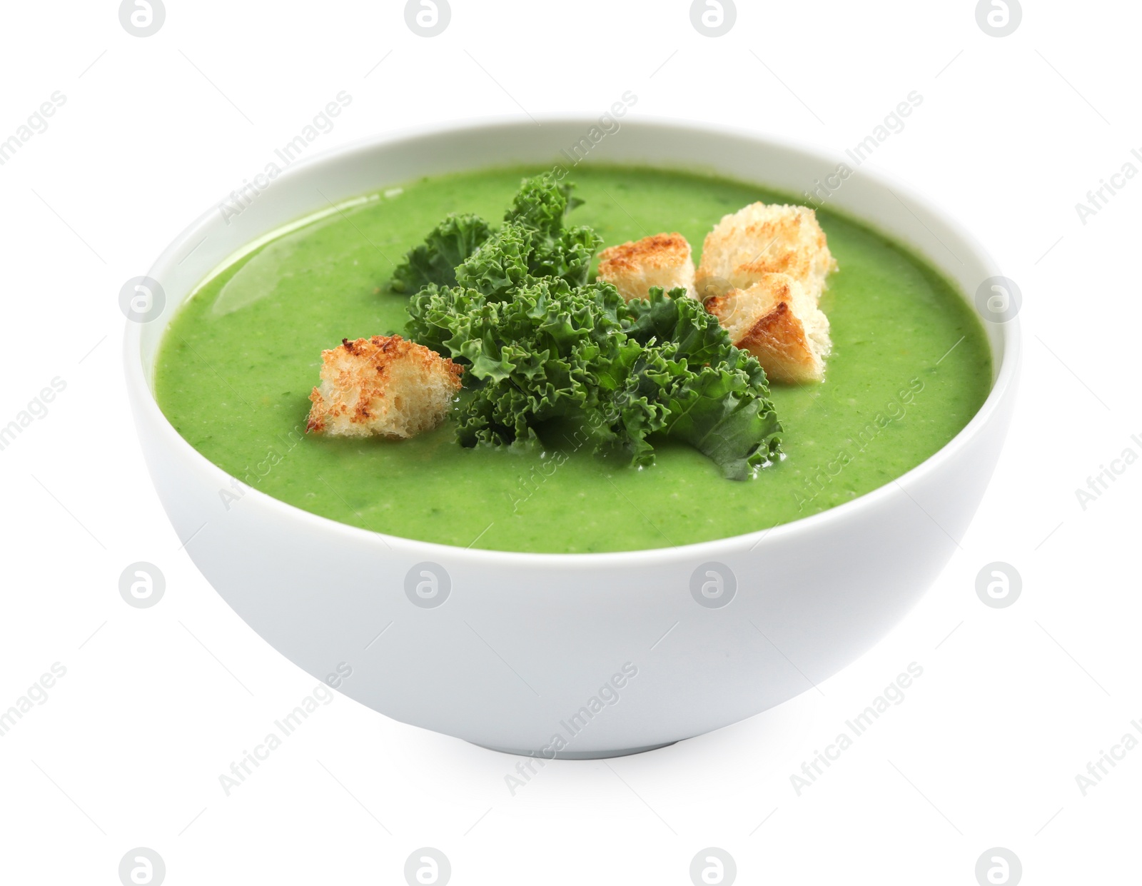 Photo of Tasty kale soup with croutons isolated on white