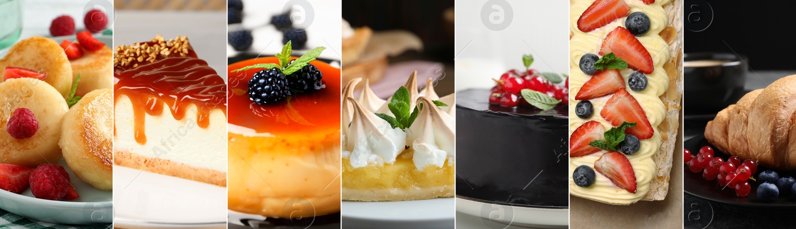 Image of Assortment of tasty desserts. Collage with different meals, closeup