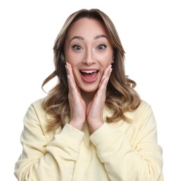 Photo of Portrait of happy surprised woman on white background