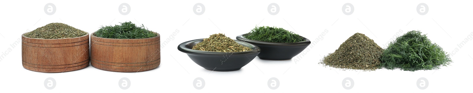 Image of Set with dry and fresh dill on white background. Banner design