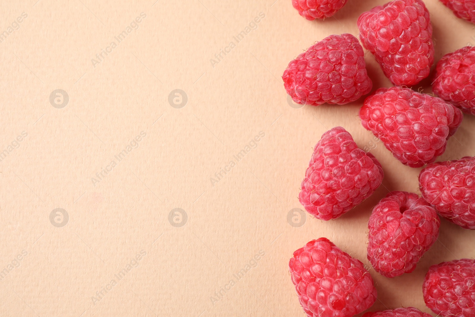 Photo of Fresh sweet ripe raspberries on beige background, flat lay. Space for text