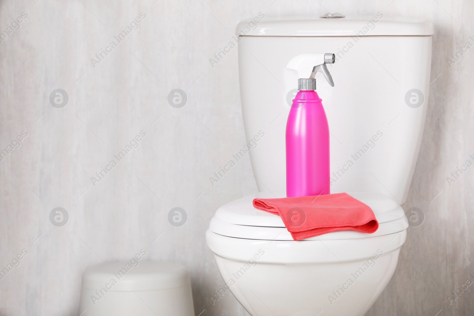 Photo of Spray bottle and rag on toilet bowl indoors. Cleaning supplies