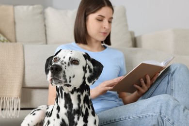 Beautiful woman reading book and her adorable Dalmatian dog on floor at home, selective focus. Lovely pet