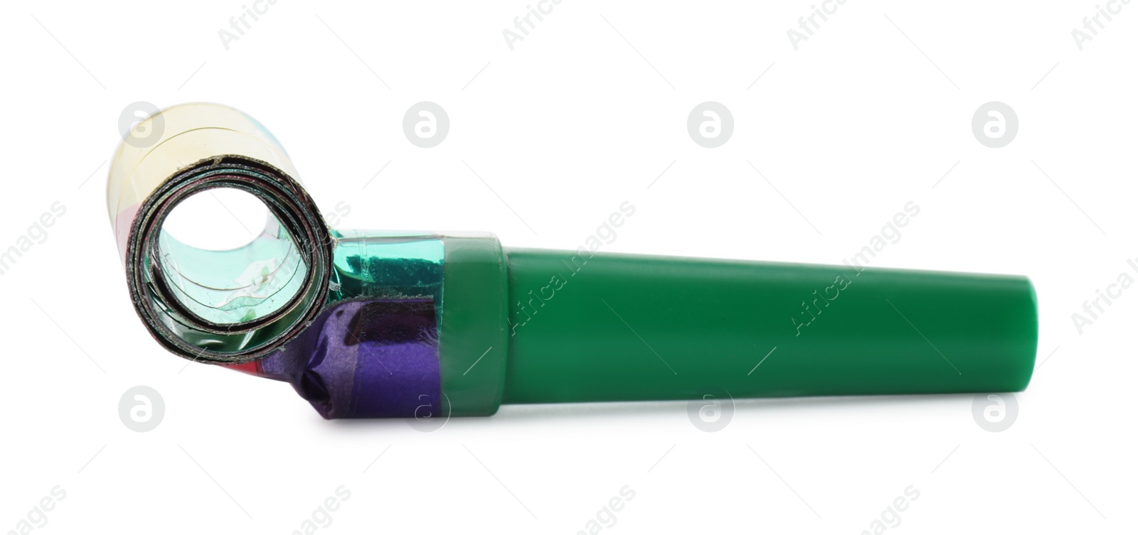 Photo of Bright party blower isolated on white. Festive item
