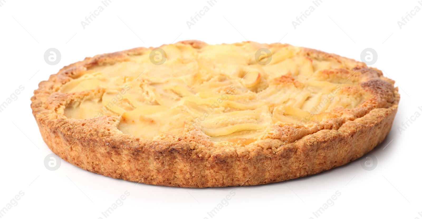 Photo of Delicious sweet pear tart on white background