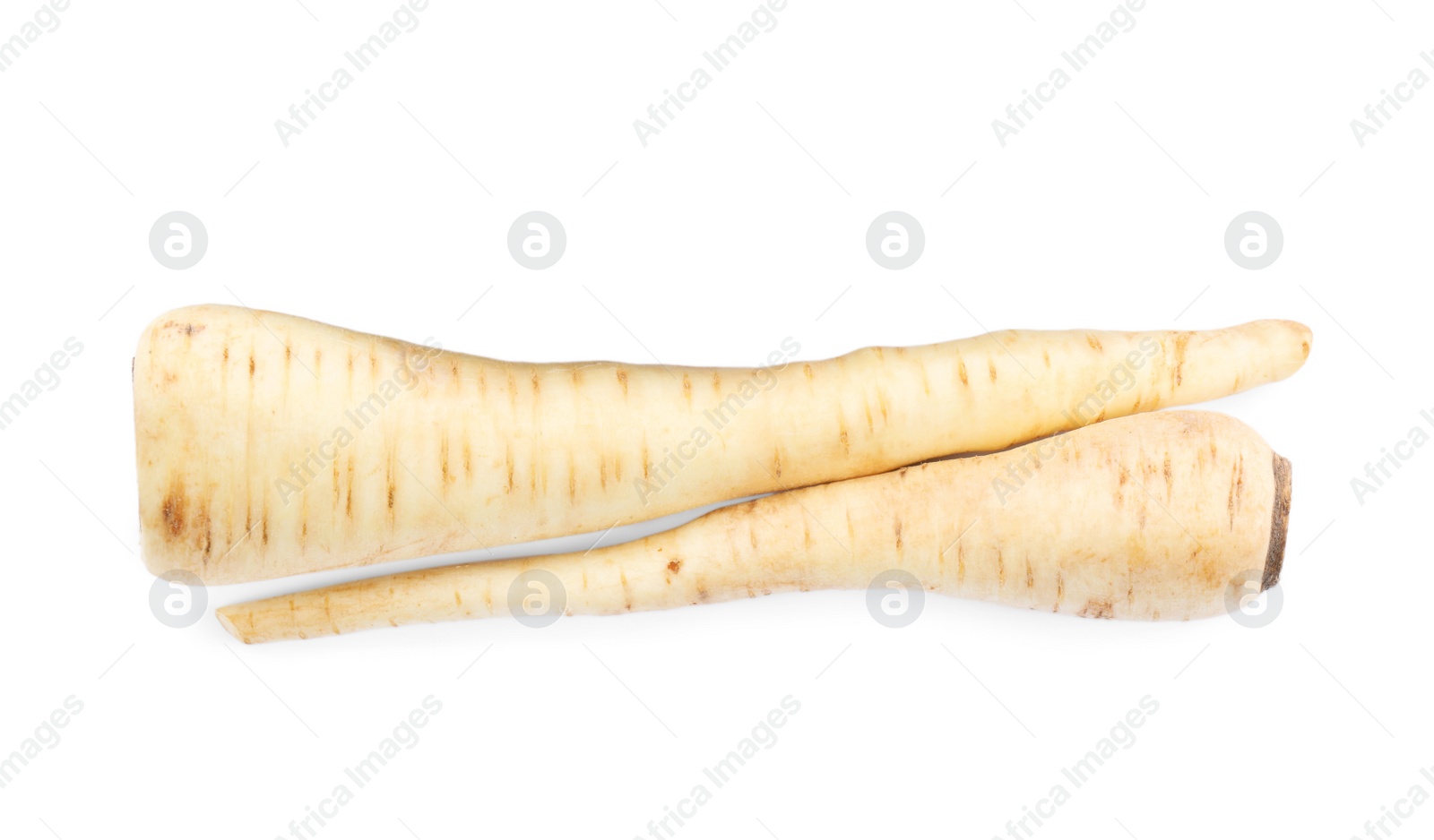 Photo of Tasty fresh ripe parsnips on white background, top view