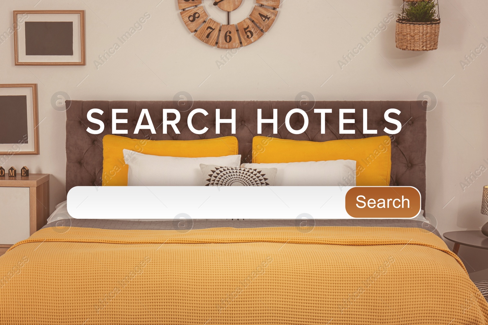 Image of Booking online service. Search bar and beautiful hotel room on background