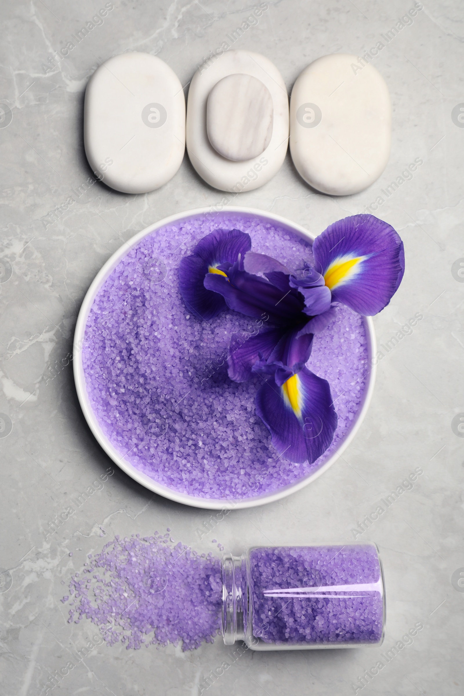 Photo of Plate and jar with purple sea salt, spa stones, beautiful flower on grey marble table, flat lay