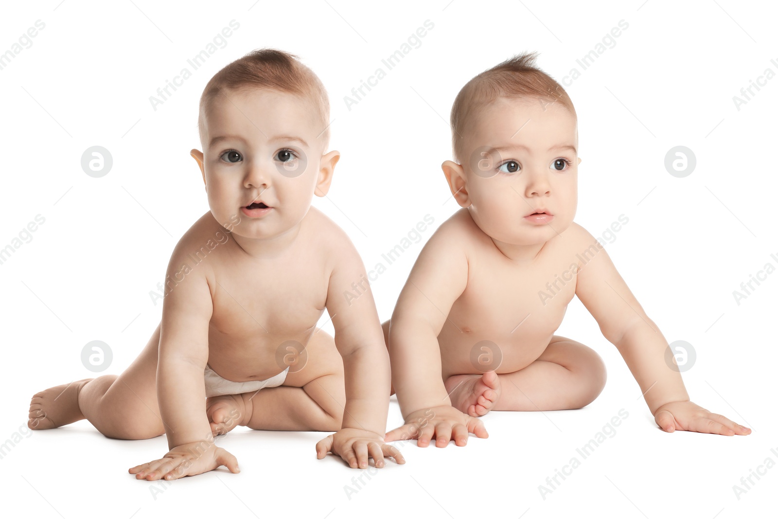 Image of Portrait of cute twin babies on white background